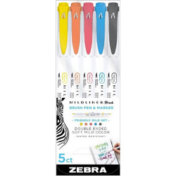 Zebra Mildliner Double Ended Brush Pen & Marker Bold & Fine Point 5 Pack Friendly Mild Set (ZB-79505) (ZEB79505)