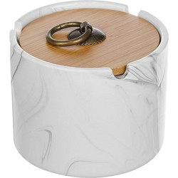 Τασάκι Κεραμικό Κυλινδρικό Λευκό Marble με Μπαμπού Καπάκι O10x7cm