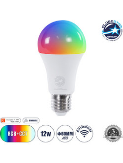 GLOBOSTAR(R) SMARTME 60490 Λάμπα E27 A60 Smart Home WiFi με Λειτουργία μέσω Tuya APP LED 12W 1200lm 260 AC 220-240V IP20 Πολύχρωμο RGBW+WW Dimmable - Bridgelux Chip - Μ6 x Π6 x Υ12cm