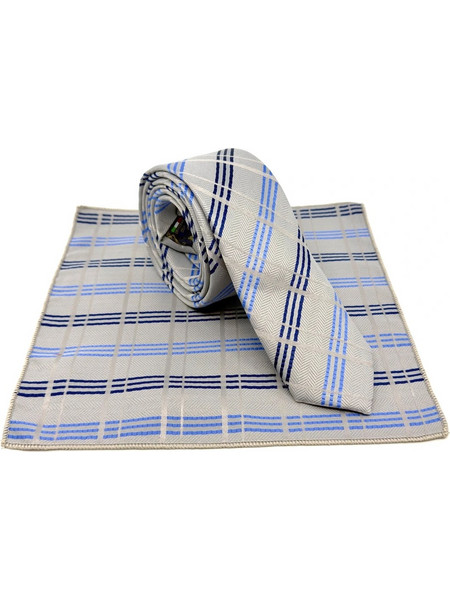 Ασημί-Μπλε Γραβάτα Καρό Microfiber Σετ με Μαντήλι 6,5 cm