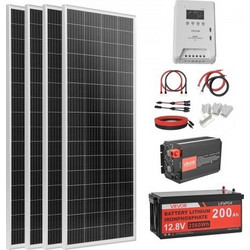 VEVOR 400W 12V Πλήρες Κιτ Ηλιακής Ενέργειας, 4*100W Μονοκρυσταλλικά Ηλιακά Πάνελ + 12,8V 200Ah LiFePO4 Μπαταρία + 40A MPPT Ρυθμιστής Φόρτισης + 2000W Μετατροπέας Ισχύος για RV Σπίτι Κατασκήνωση Σκάφη