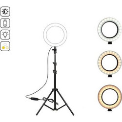 Κυκλική λάμπα Ring Light, LED 15 cm (6 ιντσών) ρυθμιζόμενο /ψυχρό/θερμό φως, USB, περιλαμβάνεται τρίποδο