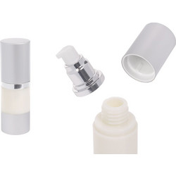 Μπουκάλι airless για κρέμα 15ml με πλαστικό, γαλακτερό σώμα, καπάκι και βάση αλουμινίου σε ασημί χρώμα