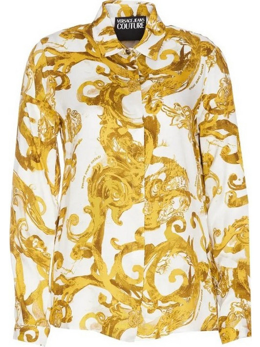 Versace Μακρυμάνικο Γυναικείο Πουκάμισο Μεταξωτό Λευκό Κίτρινο 76HAL201NS407-G03
