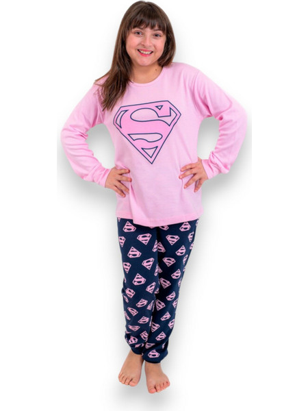 Nina Club Super Girl Παιδική Πιτζάμα Βαμβακερή Χειμωνιάτικη Ροζ Navy Μπλε 144-24-02