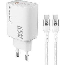 Powertech PT-1415 Φορτιστής με Καλώδιο USB-C με Θύρα USB-A & 2 Θύρες USB-C 65W Power Delivery