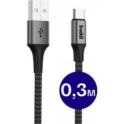 Buddi Braided USB-A to USB-C 12W 0.3m Black 8719246446023