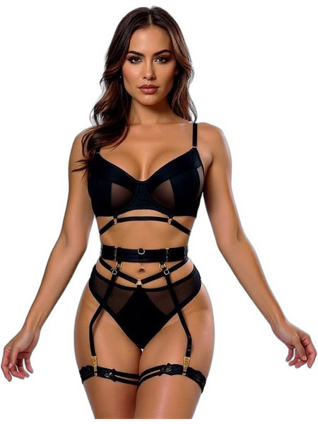 Adalet Ellie Σετ Sexy Εσώρουχα See Through με Ζαρτιέρες Μαύρα A-319