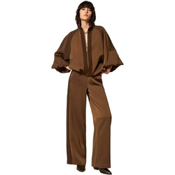 TWINSET Ψηλόμεση Σατέν Γυναικεία Παντελόνα Relaxed Εφαρμογή Καφέ 262TP2133