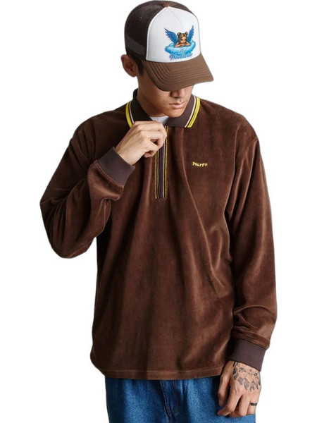Huf Parker Velour Ανδρική Μπλούζα Polo Μακρυμάνικη Καφέ KN00609