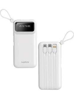 Sunix Power Bank 10000mAh με Ενσωματωμένα Καλώδια USB-C Lightning & micro USB White 70041155