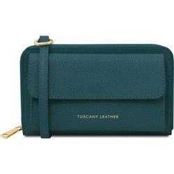 Tuscany Leather Μεγάλο Δερμάτινο Γυναικείο Πορτοφόλι με Φερμουάρ Πετρόλ TL142433