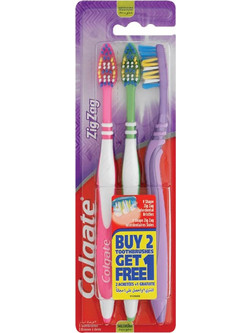 Colgate Zig Zag Medium Οδοντόβουρτσες 3τμχ Ροζ Πράσινη Μωβ