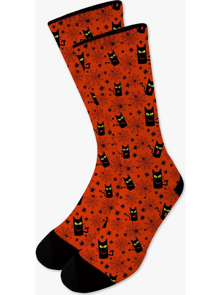 AxidWear Spooky Cats & Webs Βαμβακερές Ανδρικές Κάλτσες Ψηλές με Σχέδια Πορτοκαλί PR100-32L