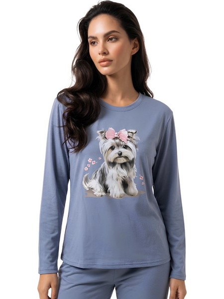 PNN Nightwear Yorkshire Terrier Σετ Γυναικείες Πιτζάμες Χειμωνιάτικες Βελουτέ Μπλε 1271-0604-1