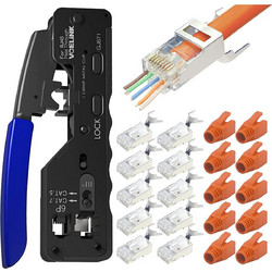 Crimping Pliers for Western Connectors with Cat 7 Cat6A Network Plug Pass Through RJ45 Connector (GJ671BL) +10xPLUGS +10xSLEEVES