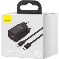 Baseus Super Si 1C Φορτιστής με Καλώδιο Lightning με Θύρα USB-C 20W Power Delivery Black