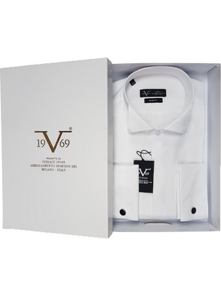 Versace 19V69 Modena Smoking Ανδρικό Πουκάμισο Βαμβακερό Μακρυμάνικο Slim Fit Λευκό