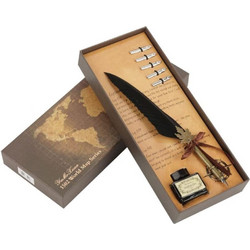 Πένα κονδυλοφόρος από Ορείχαλκο με μαύρο φτερό με 5 ανταλλακτικές μύτες Leather pen set 1502 world map series (oem)