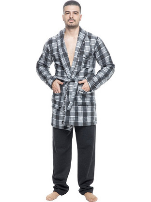 Ανδρική ρόμπα fleece με γιακά και τσέπες-ΠΛΦ268 Γκρι-Μαύρο
