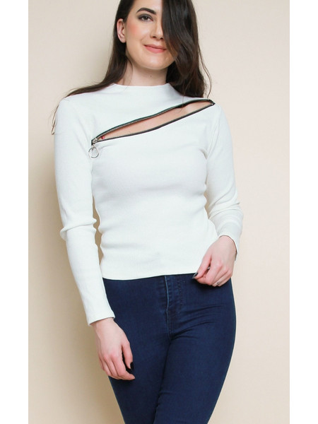 Front Zip Crop Ribbed Top White