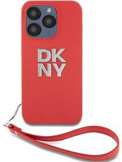 DKNY PU Leather Stack Logo Wrist Strap Case for iPhone 15 Pro Red