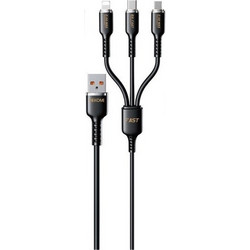 Wekome WDC-07TH Καλώδιο USB Γρήγορης Φόρτισης 3 σε 1 USB-C, Lightning, Micro 1m 66W - Μαύρο