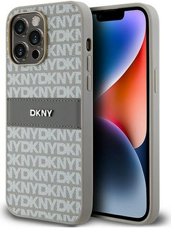 DKNY Leather Mono Stripe & Metal Logo case for iPhone 14 Pro Max - beige