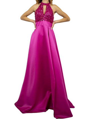 Bellona Maxi Καλοκαιρινό Φόρεμα για Γάμο / Βάπτιση Αμπιγιέ Σατέν με Παγιέτες Φούξια 57664