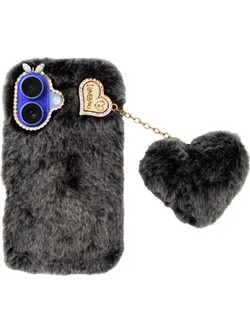Vivid Fluffy Plush Case With Heart-Shaped Chain Apple Iphone 16 Grey/Black - (CS-FR-1-2409001)