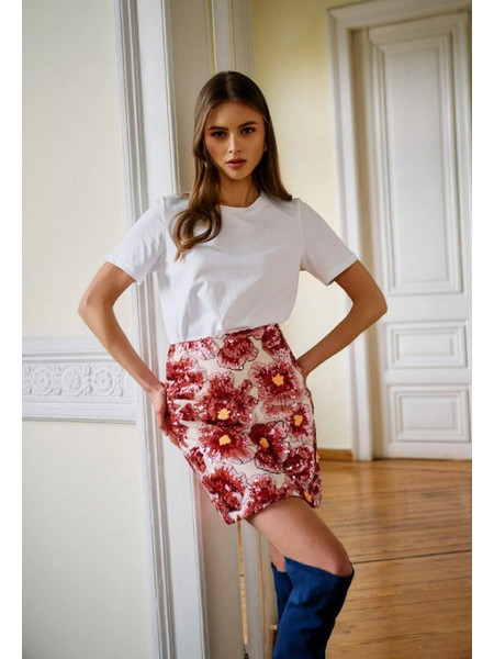 Desiree Μίνι Φούστα με Παγιέτες Ψηλόμεση Pencil Floral Κόκκινη 02.42011