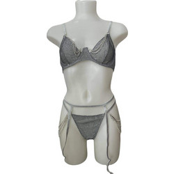 Γυναικείο Σετ Εσωρούχων Lurex με Strass, String και Ζαρτιέρες σε Ασημί χρώμα Ασημί