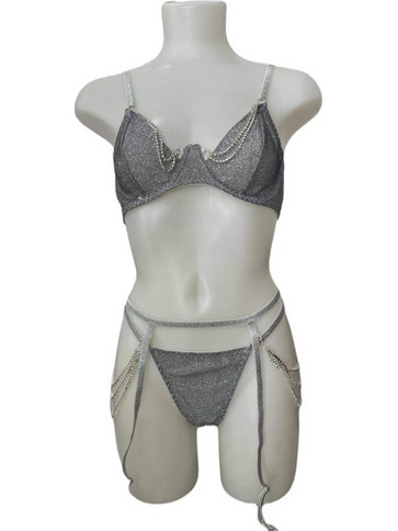 Γυναικείο Σετ Εσωρούχων Lurex με Strass, String και Ζαρτιέρες σε Ασημί χρώμα Ασημί