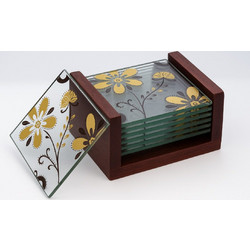 Σουβερ Γυάλινο Τετράγωνο 9x9cm Flower σε βάση ξύλινη 6 τεμαχίων Galifas 7971620 - Galifas
