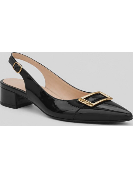 Υπερμέγεθος κομψά slingback γοβάκια σε μαύρο χρώμα με χρυσή αγκράφα στο πάνω μέρος και λουράκι με λάστιχο πίσω (ΚΩΔ.LOF61 )