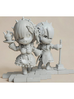 Άβαφη 3D Φιγούρα Rem and Ram Chibi from Re Zero για Βάψιμο DIY (Δώρο τα Χρώματα)
