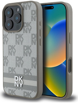 DKNY PU Leather Checkered Pattern and Stripe Case for iPhone 16 Pro Beige - (DKHCP16LPCPTSSE)