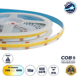 GLOBOSTAR(R) BEE 70349 Ταινία LED 14W/m 1540lm/m 120 DC 24V IP20 608 x COB Chip/m Ρυθμιζόμενο Λευκό CCT από 2700K έως 6000K Dimmable - Sanan COB Chip - Μ500 x Π1 x Υ0.2cm - Ρολό 5 Μέτρων