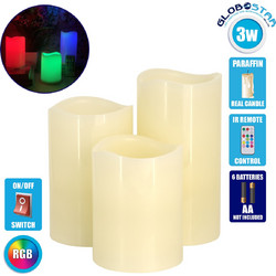 GloboStar(R) 79556 ΣΕΤ 3 Διακοσμητικών Realistic Κεριών Παραφίνης με LED Εφέ Κινούμενης Φλόγας - Μπαταρίας & Ασύρματο Χειριστήριο IR Πολύχρωμα RGB Dimmable