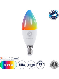 GLOBOSTAR(R) SMARTME 60488 Λάμπα Κεράκι E14 C37 Smart Home WiFi με Λειτουργία μέσω Tuya APP LED 5.5W 550lm 260 AC 220-240V IP20 Πολύχρωμο RGBW+WW Dimmable - Bridgelux Chip - Μ3.7 x Π3.7 x Υ11cm