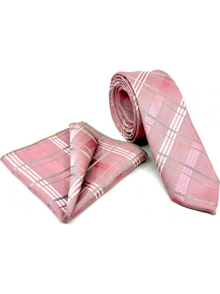 Ροζ Γραβάτα Καρό Microfiber Σετ με Μαντήλι 6,5 cm