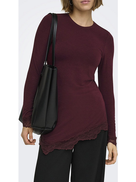 ONLY ONLGLAMOUR L/S LACE DETAIL TOP JRS 15384227-Decadent Chocolate Chocolate