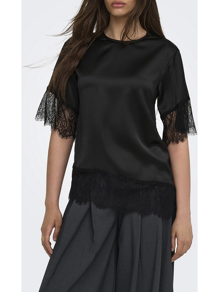 ONLY ONLINDONA 2/4 SATIN LACE TOP WVN 15380711-BLACK Black