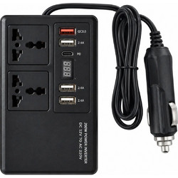 Μετατροπέας Ρεύματος Αυτοκινήτου 200W - Inverter 12V σε 220V με 2 Πρίζες, 4 USB & Type-C PD - QC3.0, Οθόνη LED, Για Laptop, Smartphone
