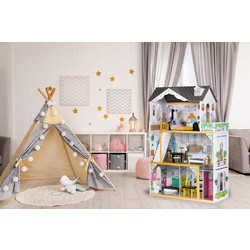 Ecotoys Τριώροφο Ξύλινο Παιδικό Κουκλόσπιτο Με Led Φωτισμό, Κήπο & Αξεσουάρ W06A412