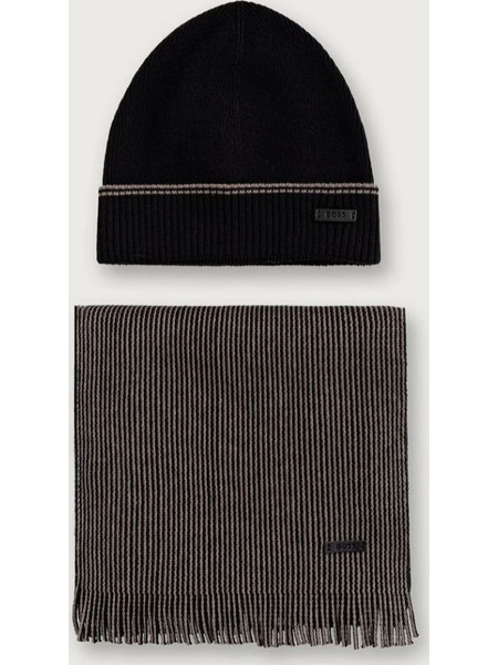 BOSS MEN S RIBBED HAT AND STRIPED SCARF SET BLACK