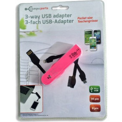 USB Αντάπτορας 3 way για Smartphones iPhone 4/5/6, Micro USB και Samsung σε μέγεθος τσέπης, Compu parts 22787 Χρώμα Ροζ - Compu Parts