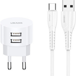 Usams T20 Φορτιστής με Καλώδιο USB-C με 2 Θύρες USB-A 10W White