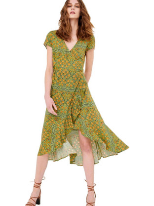 Funky Buddha Midi Καλοκαιρινό Καθημερινό Φόρεμα Floral Κρουαζέ Πράσινο FBL005-143-13