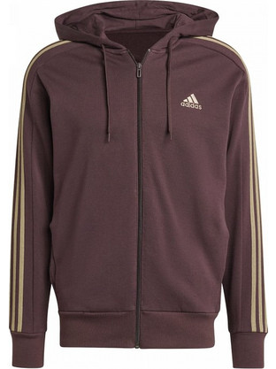 Adidas Essentials French Terry 3-Stripes Ανδρική Ζακέτα Φούτερ με Κουκούλα και Φερμουάρ Καφέ IX0175